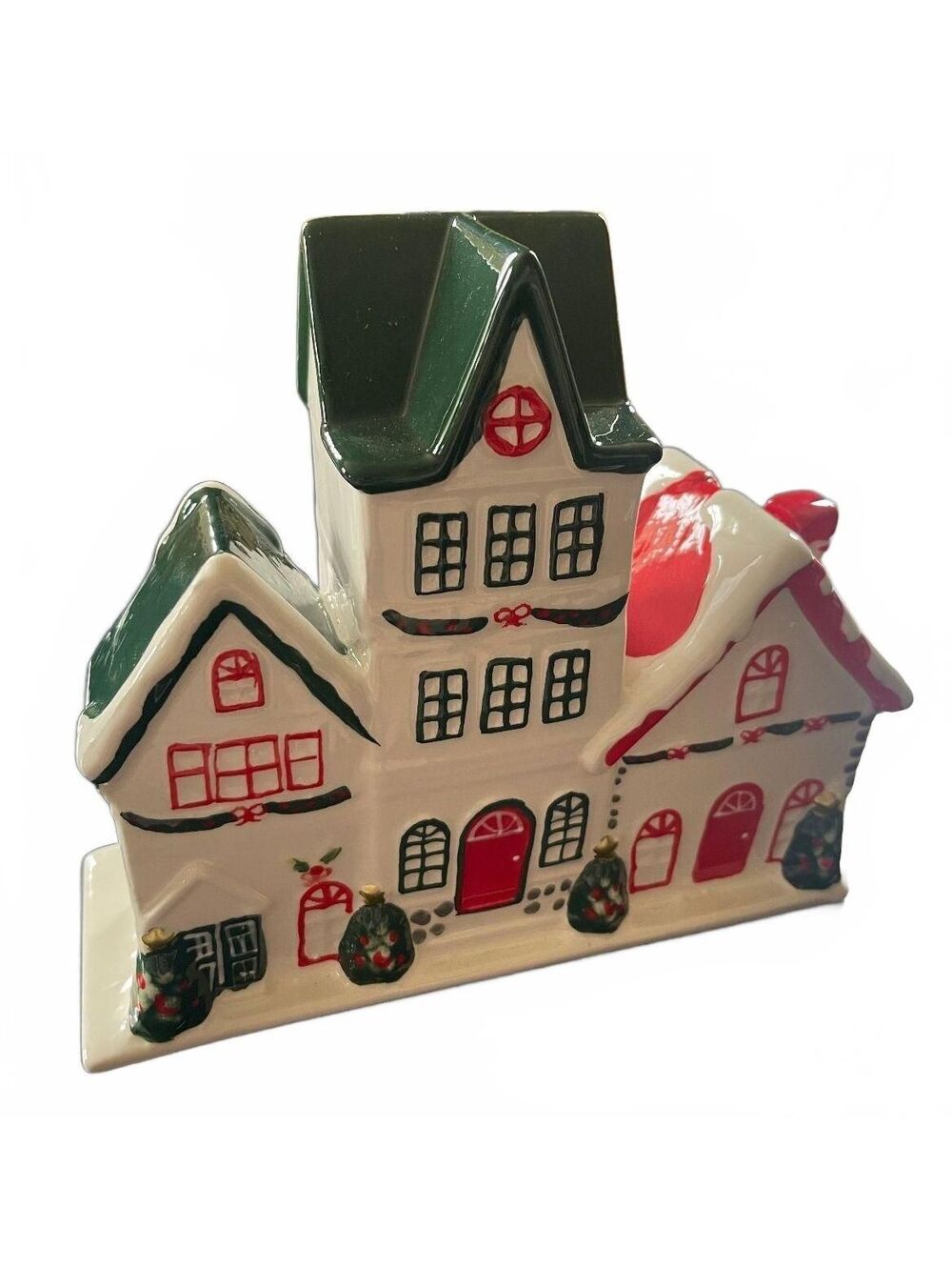 Ceramic Christmas Village House Decoration with Green Roof and Red Accents